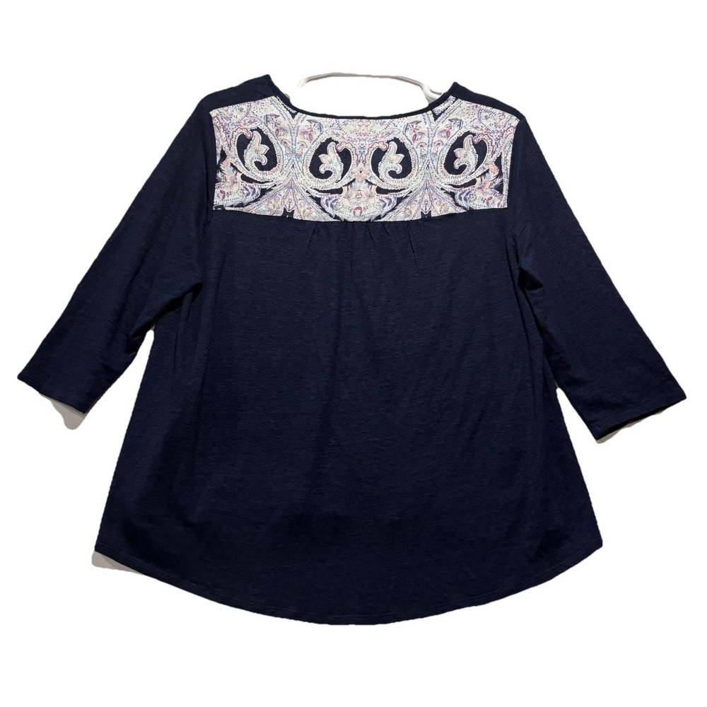 Chico's Paisley Knit Linen Hi-Low Top Tunic Dark Blue 3/4 Sleeve Women's Size 3P - Picture 2 of 6